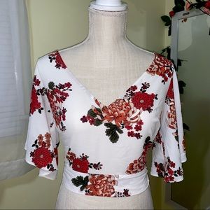 Express Floral Print Tie Back Crop Top Blouse